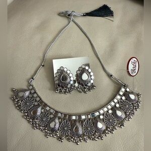 Bodhi Oxidized Silver Mirror Work Choker Necklace & Earrings Set